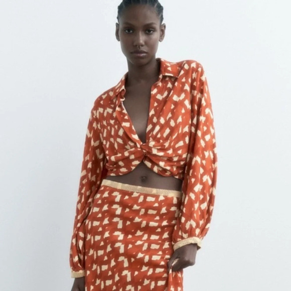 Zara Tops - NWT ZARA Linen Blend Terracotta Top Size Small‎ Rust/Orange Printed Beaded